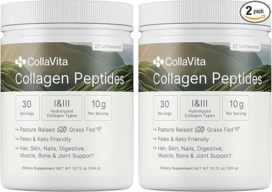 CollaVita Collagen Peptides Grass-Fed Pasture-Raised Hydrolyzed Collagen Powder, Type I & III Hair, Nails, Skin & Joints, Non-GMO, Paleo & Keto, Unflavored, 10 oz 30 Servings 2 Pack, 60 Servings Total