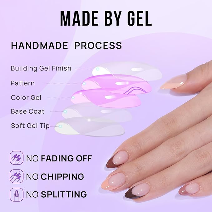 BTArtbox French Tip Press On Nails, Short Almond Supremely Fit & Natural Glue On Nails with Nail Glue, Reusable Stick On Nails in 16 Sizes - 32 Soft Gel Fake Nails Kit, Morning Coffee