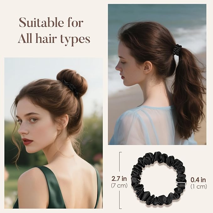 LULUSILK Small Silk Hair Ties No Damage, 100% Real Mulberry Silk, Skinny Scrunchies Ponytail Holders for Thin Fine Hair, Black, Pack of 3