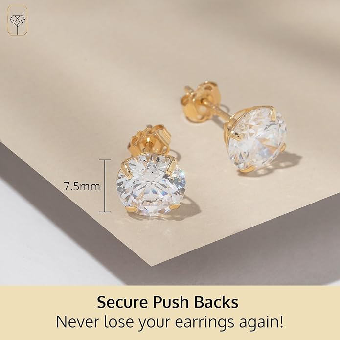 14k Gold Solitaire Round Cubic Zirconia Earrings Studs for Women & Men | Anti Tarnishing CZ Stud Earrings with 14k Gold Butterfly Pushbacks | 4MM-7.5MM by MAX + STONE