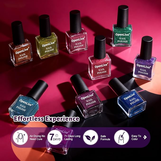 OpenLive Reflective Nail Polish 12 Colors With Base Coat and Top Coat Glitter Red Bule Purple Green Nail Polish Set Quick Dry Sparkle Winter Manicure Long Lasting for Holiday Gift Giving