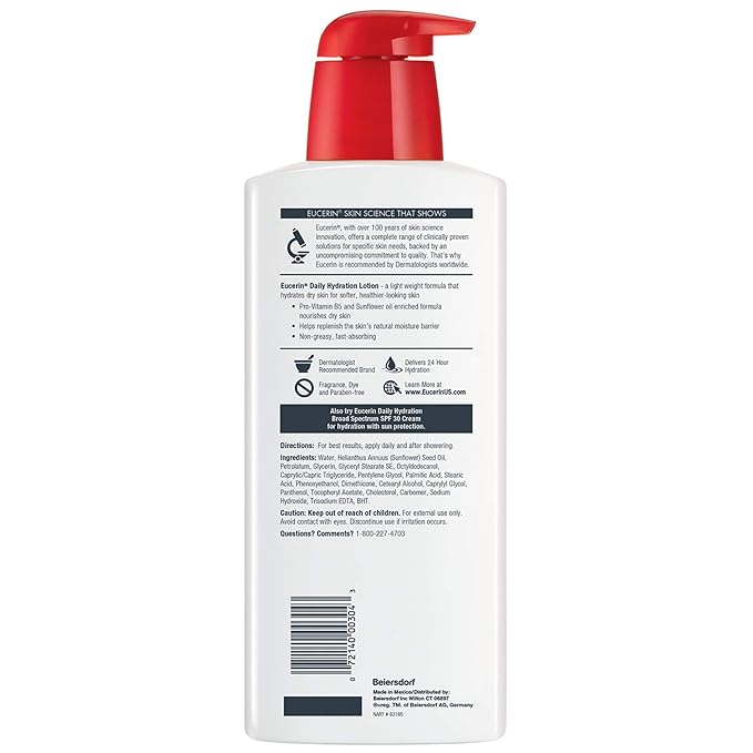 Eucerin Daily Hydration Body Lotion, Unscented Body Lotion for Sensitive Dry Skin, Holiday Gifts for Self Care, 16.9 Fl Oz Pump Bottles, Pack of 3