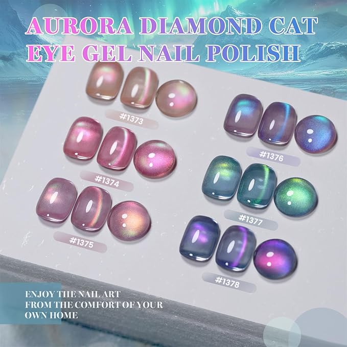 RARJSM Aurora Diamond Ceramic Cat Eye Gel Nail Polish Set 6pcs Sparkly Multi Color Galaxy Milkyway Glitter Glassy Cateye Gelpolish with Magnet Stick 7.5ml Curing Requires Soak Off for Home Salon