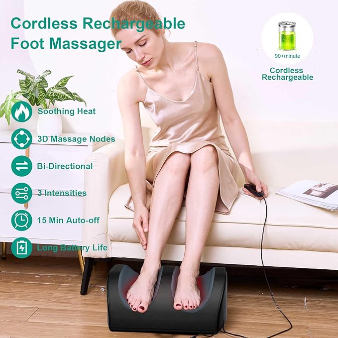 LINGTENG Rechargeable Foot Massager with Heat, Cordless Shiatsu Foot Massager for Cord Remote Control, Heated Massage with Roller, Portable for Home/Office Use, Dad Gifts, Mom Gifts