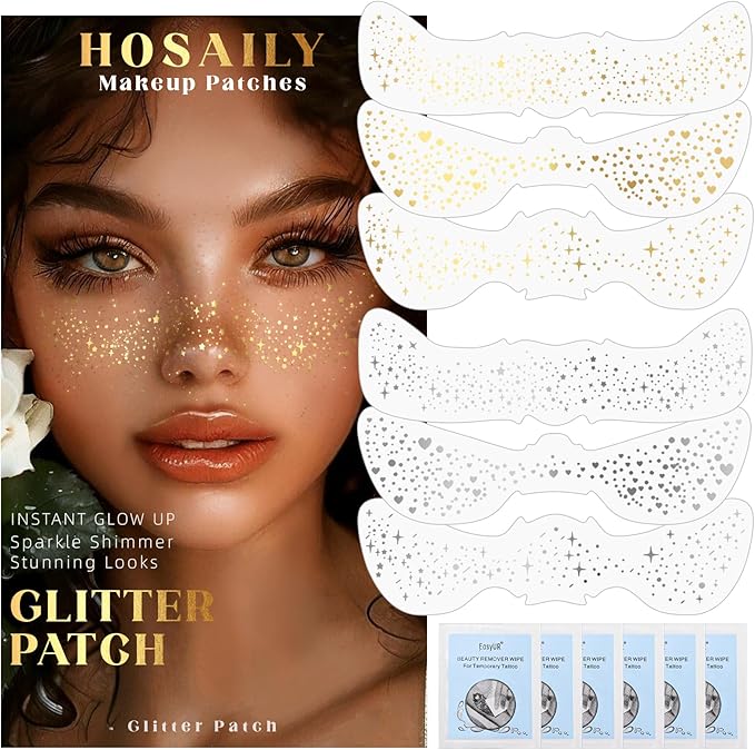 HOSAILY 6 PCS Glitter Freckles Face Tattoo, Gold & Silver Waterproof Face Sparkle Speckles Patches for Women, Cute Star Metallic Glitter Temporary Tattoo Makeup Accessories for Festival #Set B