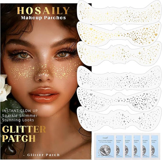 HOSAILY 6 PCS Glitter Freckles Face Tattoo, Gold & Silver Waterproof Face Sparkle Speckles Patches for Women, Cute Star Metallic Glitter Temporary Tattoo Makeup Accessories for Festival #Set B