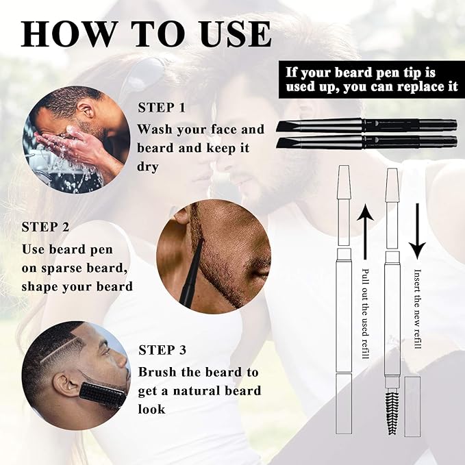 Beard Pencil Filler for Men - Water Resistant, Sweat Proof, Long Lasting & Natural Finish Barber Pencil, Mustache Repair Shape, Two Replacement Tips (Black)