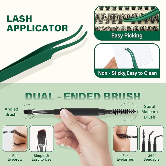 KEYYOU Lash Extension Kit DIY 300Pcs Lash Clusters Eyelash Extension Kit Lash Clusters Kit with Lash Glue Remover Applicator Easy to Use for Beginners(Kit,30D40D50D-C,8-16MIX)
