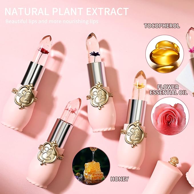 BestLand 6 Pcs/Set Flower Jelly Lipstick Set Temperature Change Moisturizer Long Lasting Nutritious Shimmer Lip Balm Magic Color Change Lip Gloss (Color Changing Lipstick Set B)