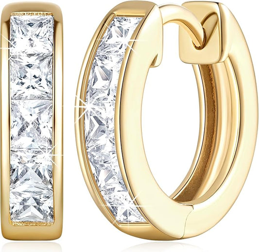 CHLOÉ LOVETT Gold Earrings 14K Gold Hoop Earrings for Women Diamond Hoop Earrings for Womens Earrings Dazzling Square Cubic Zirconia Gold Huggie Hoop Earrings 13mm 25mm
