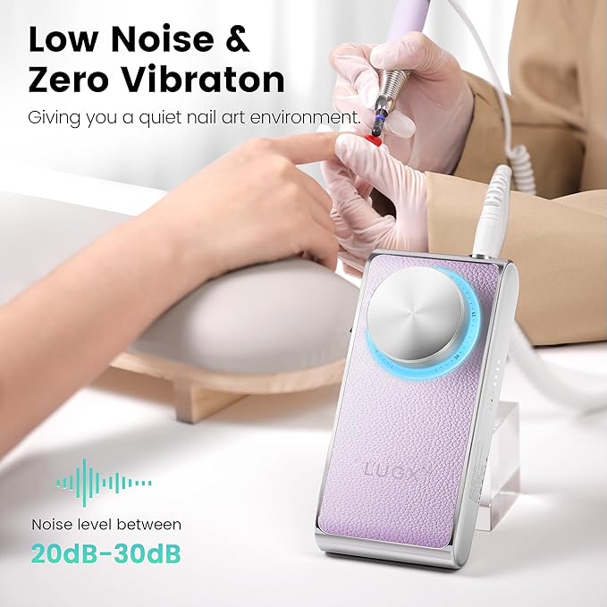 L'UGX Professional Nail Drill 30000RPM, Cordless Rechargeable Electric Nail File for Acrylic Nails Gel Polishing, Efile Nail Kit for Manicure Pedicure, Low Noise Low Vibration, 7Pcs Drill Bits, Purple