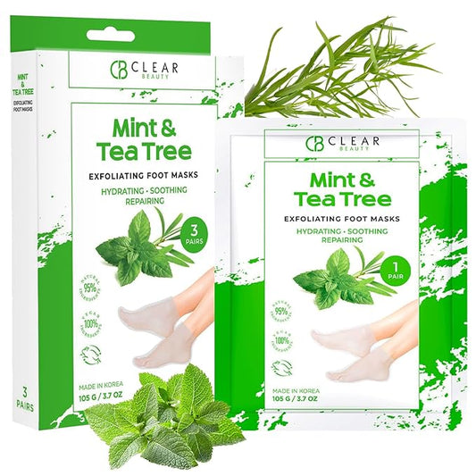 Clear Beauty Mint & Tea Tree Foot Masks Moisturizing Socks - Exfoliating, Hydrating & Revives Cracked Feet - Dermatologist Tested, Clean Beauty & Cruelty-Free Skincare - 3 Pairs