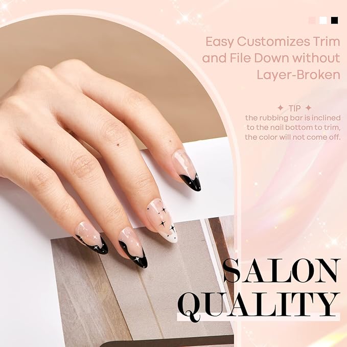 GLAMERMAID Black Press on Nails Medium Almond, Emo Crush Jelly Gel Gothic Stiletto False Glue on Nails Kit with Moon Star Desgin for Women, Reusable Short Oval Stick on Acrylic Fake Nail Manicure Set