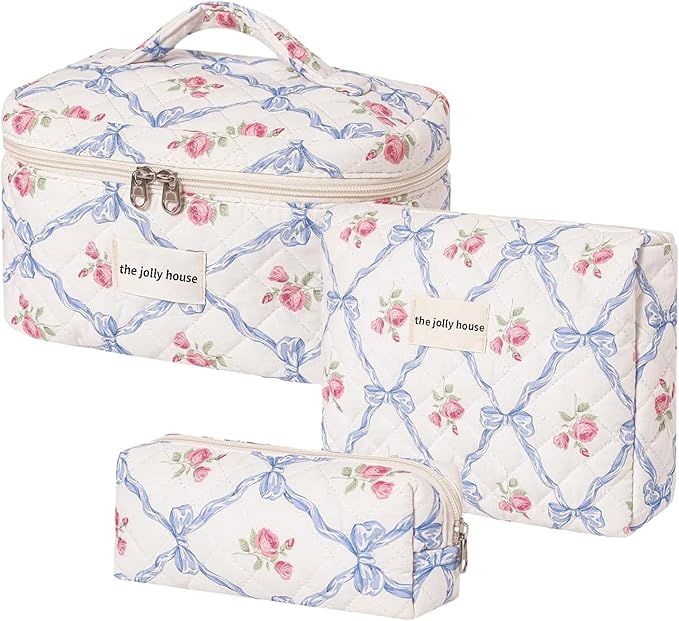 LAKSMI 3PCS Cotton Quilted Floral Makeup Bag Set for Women, Cute Make Up Bags with Brush Pockets, Large Wide-Open Toiletry Pouch Gifts for Toiletries Accessories Travelling Essentials
