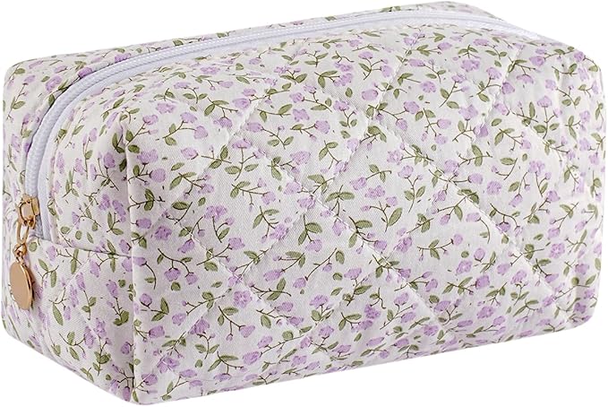 Cute Floral Makeup Bag Small Cotton Quilted Cosmetic Bag, Aesthetic Essential Bag Emergency Bag Gift for Women Girls Travel Accessories (Purple Flowers)