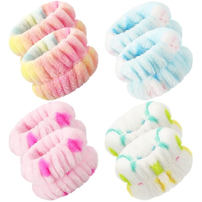 Chuangdi 4 Pairs Wrist Bands for Washing Face Wrist Spa Microfiber Wash Towel Band Scrunchies Absorbent Wristbands Sweatband for Women Prevent Liquid from Spilling(Brisk Colors)