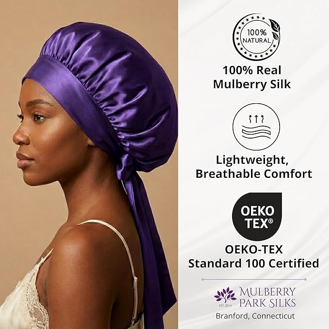 100% Mulberry Silk Hair Sleep Bonnet - Reversible Sleep Bonnet for Women, Wide Band Adjustable Tie, Night Cap for Curly Hair