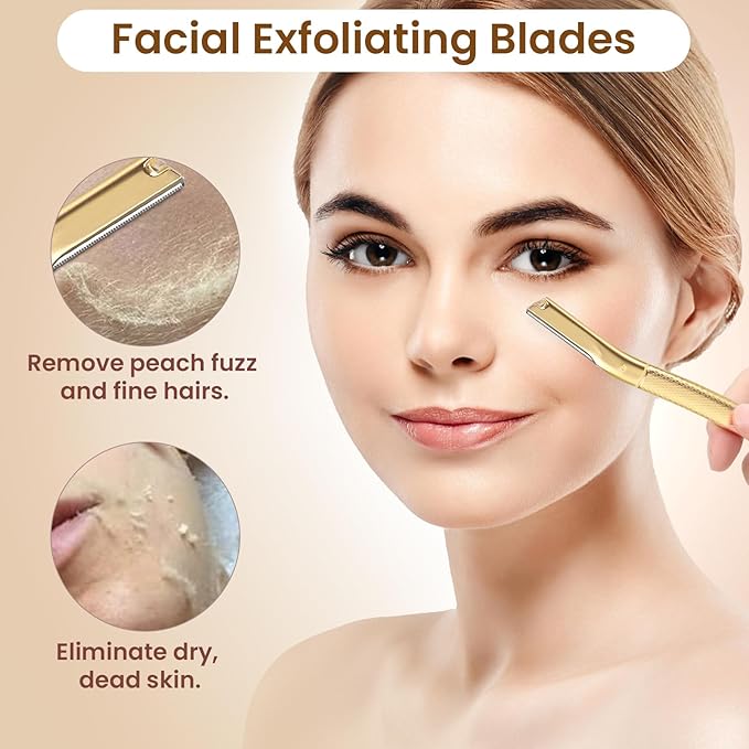 AIBRIT PRO Dermaplaning Tool for Face, Dermaplane Razor for Peach Fuzz with Metal Grip, Professional Eyebrow Razor for Women, Facial Razor for Women Gold (12 Replaceable Blades)