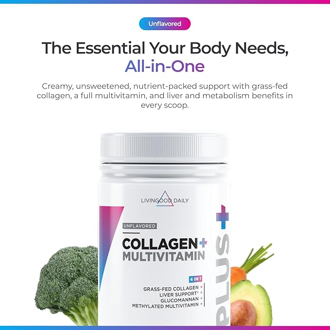 Livingood Daily Collagen Powder for Women & Men, Unflavored, Grass Fed Hydrolyzed Collagen Peptides, Protein & Multivitamins for Healthy Hair, Skin & Nails, Keto & Paleo, Gluten Free, 30 Servings