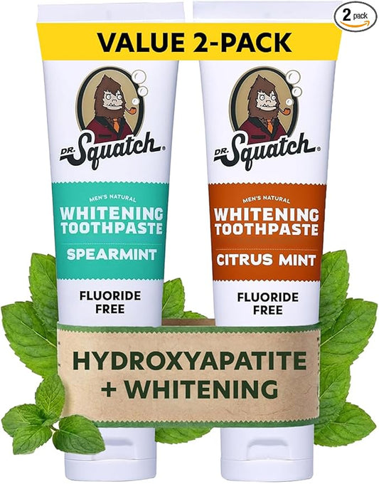 Dr. Squatch Hydroxyapatite Whitening Toothpaste - Natural, Fluoride-Free - Enamel Support - Day & Night Set - Citrus Mint & Spearmint, (4.7 oz, 2-Pack)
