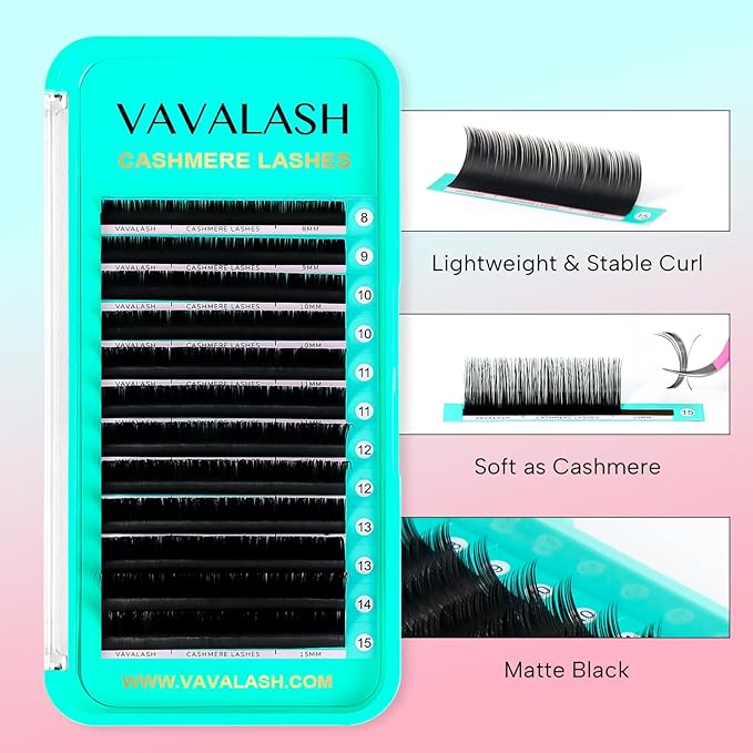 VAVALASH Cashmere Eyelash Extensions 0.03/0.05/0.07/0.15 Premium Lashes B L J Curl Volume Lash Extensions, Soft Super Matte Black Professional Lashes Extension Tray Supplies (0.05-B-8-15MM)