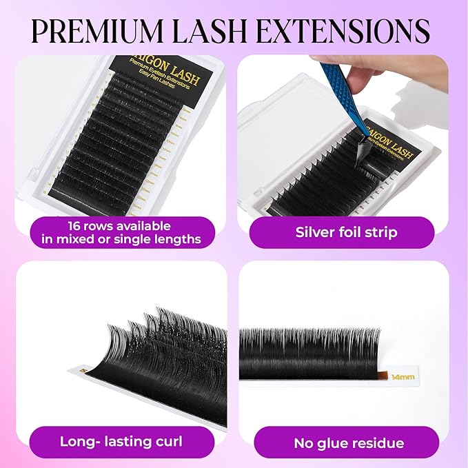 SAIGON LASH Easy Fan Eyelash Extensions, Volume Lash Tray for Lash Techs, C/CC/D Curl, 0.03/0.05/0.07mm Thickness, 8-15mm Mixed Lengths, 16 Rows, Soft PBT Material, Black (C-0.03)