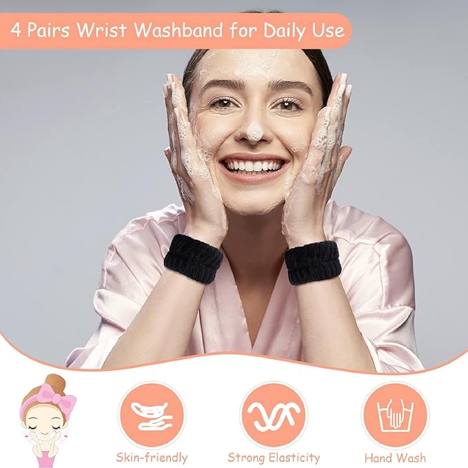 Chuangdi 4 Pairs Wrist Bands for Washing Face Wrist Spa Microfiber Wash Towel Band Scrunchies Absorbent Wristbands Sweatband for Women Prevent Liquid from Spilling(Black)