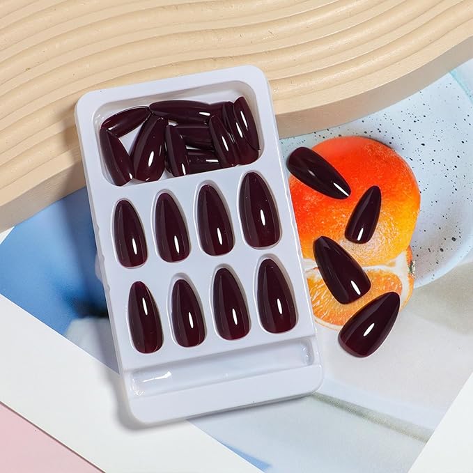 JONKASIPA Medium Almond Shape, Press On Nails, Burgundy Red Fake Nails Short Oval, Reusable Acrylic Patch Fake Nail Set Designed for Women
