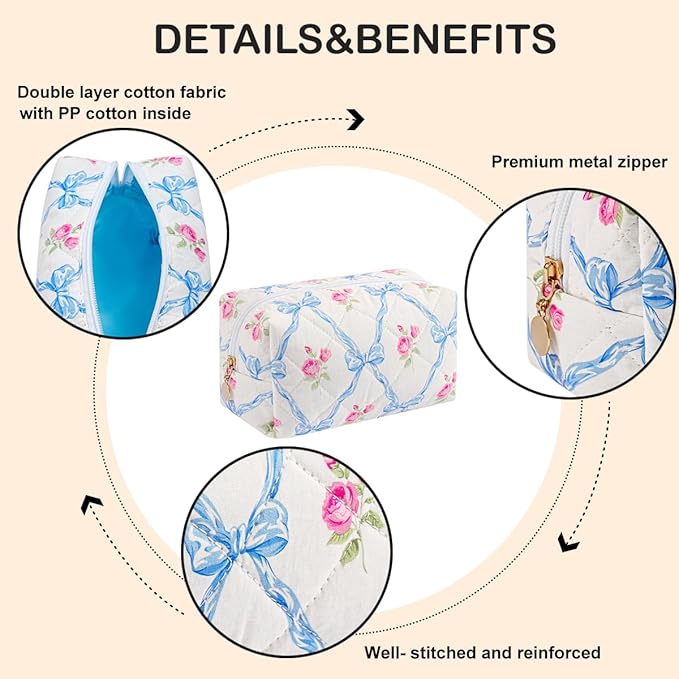 Cute Floral Makeup Bag Small Cotton Quilted Cosmetic Bag, Aesthetic Essential Bag Emergency Bag Gift for Women Girls Travel Accessories (Blue Bowknot Rose)