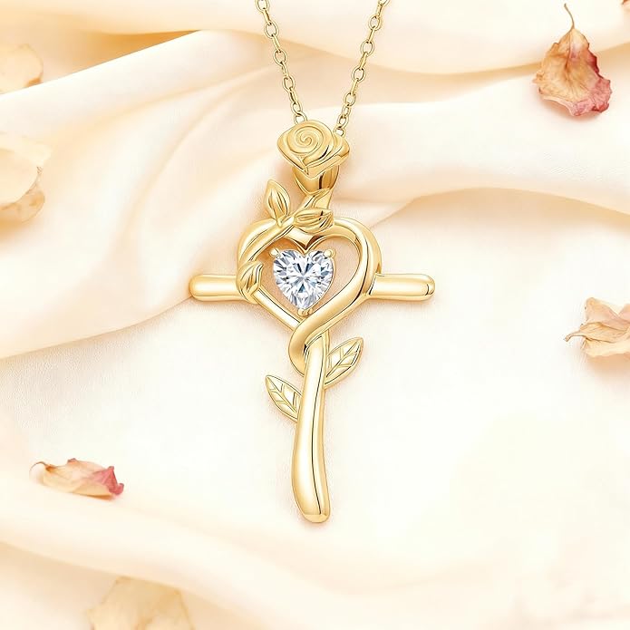 Midari 18K Yellow Gold Cross Pendant Rose Birthstone Necklaces for Women Christian Cross Jewelry with 12 Months Birthstone Birthday Gifts for Wife Her Daughter Mom