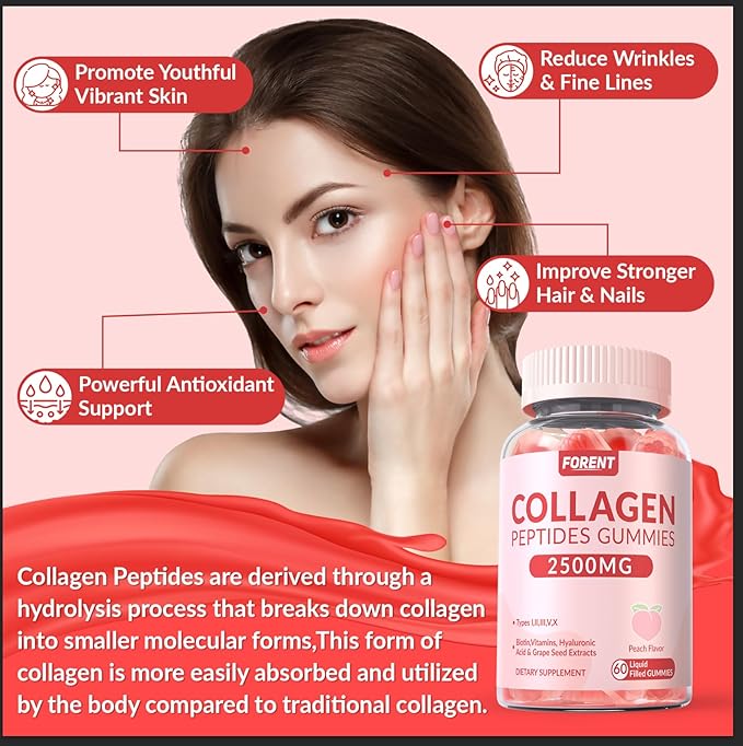 Forent 2500mg Collagen Gummies for Women & Men with Biotin, Vitamin D3, Hyaluronic Acid | Supports Skin Hair Nails & Joints, Sugar-Less Colageno Hidrolizado for Women, 60 Servings Peach Flavor