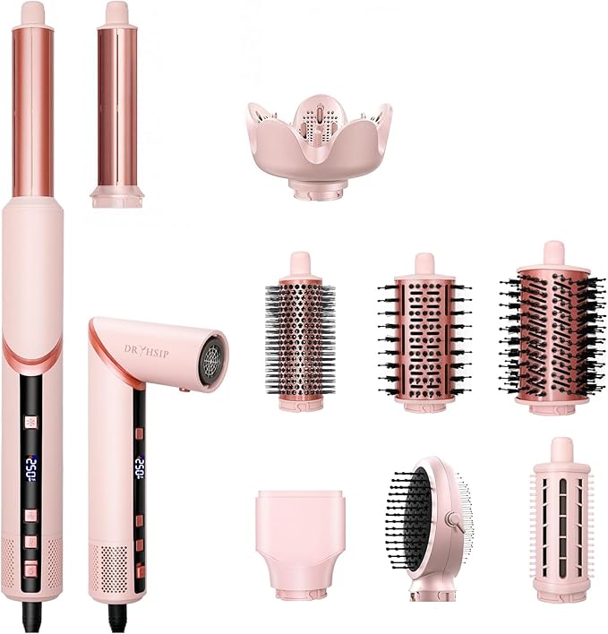 9 in 1 Hair Styler & Air Dryer Brush Curler, 110,000 RPM High-Speed Negative Ionic Foldable Hair Dryer Fast Drying, Multi Professional Hot air Styler for Curling Volumizing Straightening Styling(Pink)