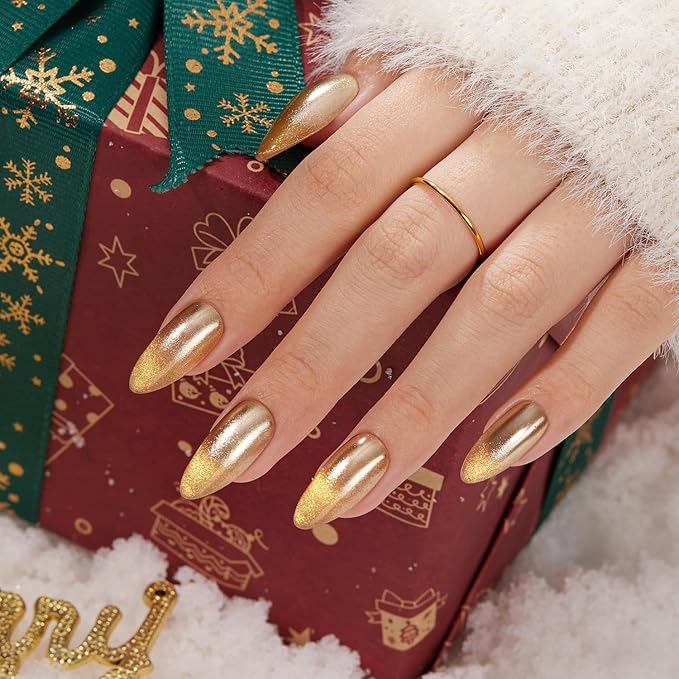 VSALON Press on Nails Medium Almond - Metallic Golden Ombre Cat Eye Glue On Nails for Women, New Year Salon Quality Fake Nails - 32 PCS Stick on Nails in 16 Sizes with Glue & Cuticle Oil