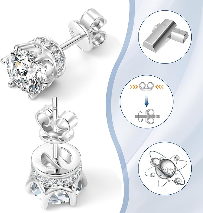 Moissanite Stud Earrings 1.2ct-2.4 ct DF Color Grade Round Cut Lab-Grown Moissanite Earrings 18K White Gold Plated Sterling Silver Friction Back for Women Men