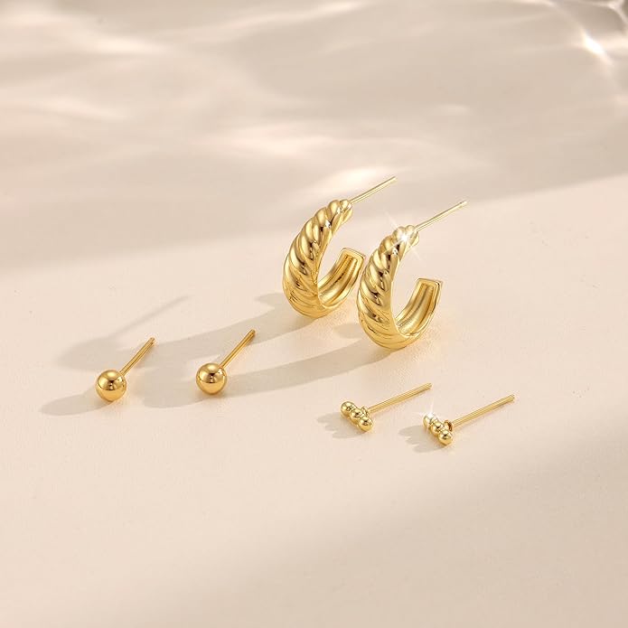 Freekiss 3 Pairs Gold Hoop Earrings Set: Dainty Stud Earrings Trendy Small 14K Gold Plated Hypoallergenic Dangle Cartilage Huggie Hoop Earrings for Women Gold Jewelry for Women Gifts