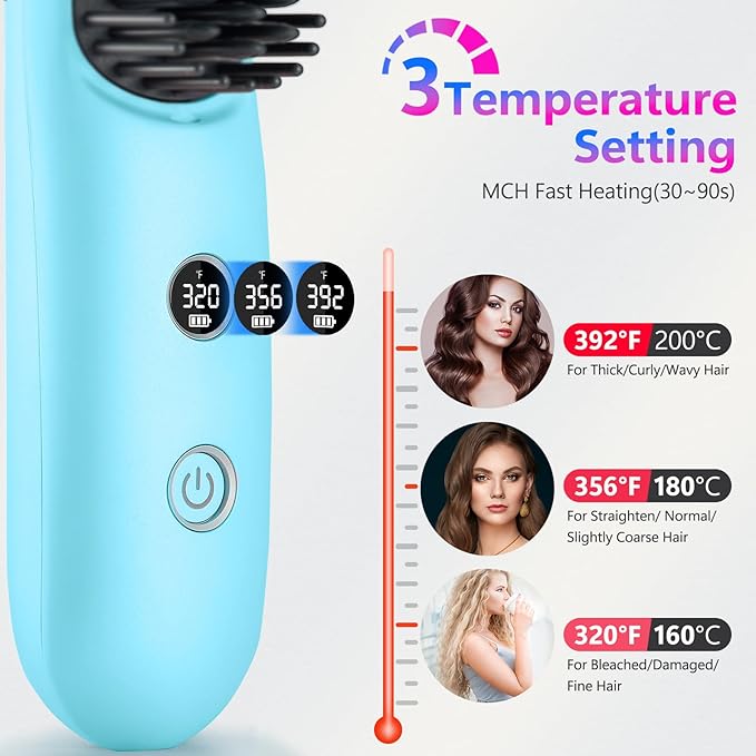 STUDLLY LCD Screen Cordless Hair Straightener Curler 2 in 1, Portable Mini Hair Straightening Brush for Travel Negative Ionic Fast Heating Hot Comb for Women, Folding Brush with Mirror, Blue
