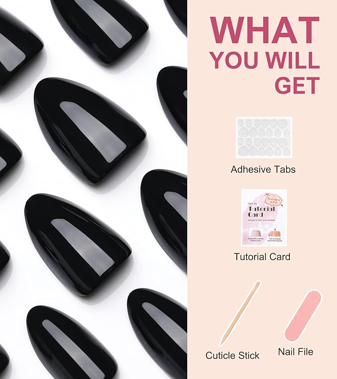 Morily Black Press on Nails Almond, 30Pcs Short Fake Nails Glossy Acrylic False Nails Reusable Full Cover Stick on Nails for Women, 15 Sizes, Thicker Fingertips