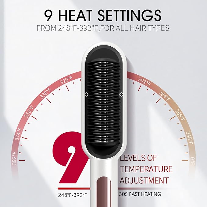 BLUSHMARKS Hair Straightener Brush with Nano Titanium - 30s Fast Heat Ionic Straightening Comb, 9 Temp LED Display & Anti-Scald, Professional Styling Gift for Women