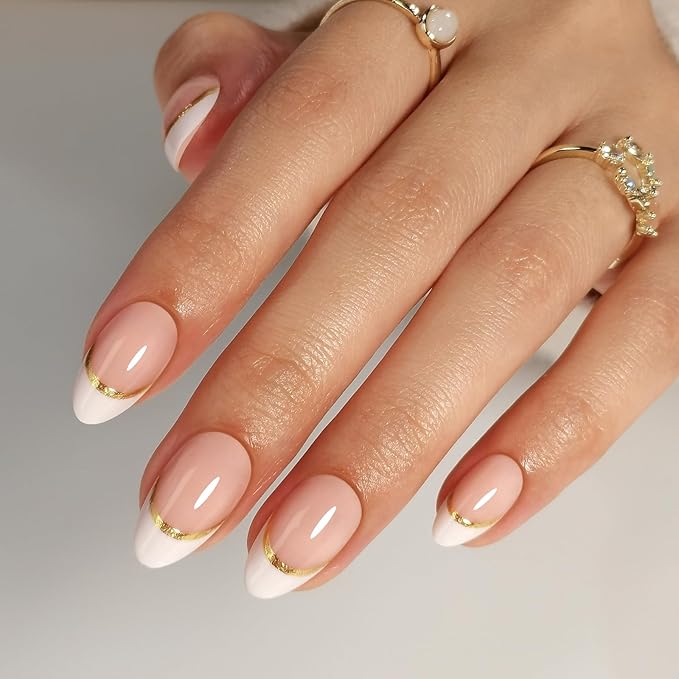 SHANGMENG White French Tip Press on Nails with Gold Line Design - Soft Gel Valentines Almond Nails Short for Women, Glossy Glue on Nails with Glue in 16 Sizes - 32 Reusable Fake Nails, Gold Ribbon