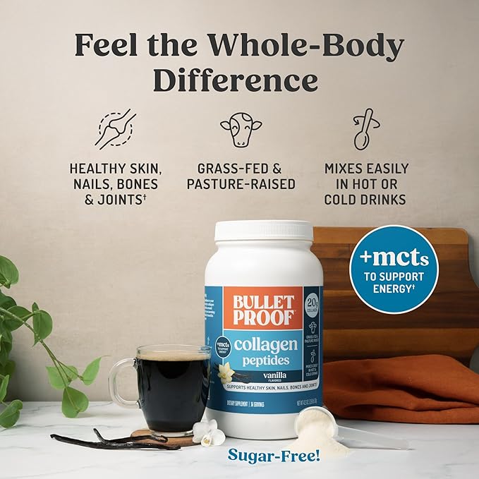 Bulletproof Vanilla Collagen Protein Powder with MCT Oil, 19g Protein, 42.3 Oz, Value Size, Collagen Peptides and Amino Acids for Healthy Skin, Bones and Joints