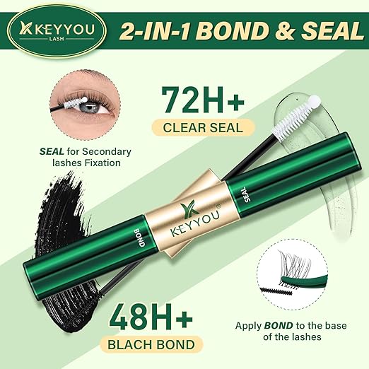 KEYYOU Lash Bond and Seal Waterproof Lash Cluster Glue 72H Long Lasting Strong Hold Non Irritating Eyelash Glue for DIY Individual Lashes at Home (Black-10ml)
