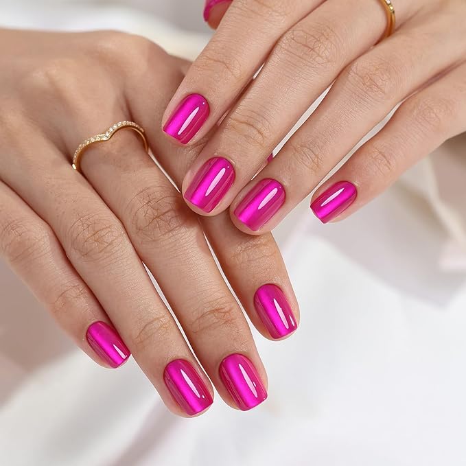 SHANGMENG Hot Pink Press on Nails Short - Cat Eye Press on Nails Square for Women Gift, Natural Fit & Glossy Stick on Nails in 16 Sizes - 32 Reusable Soft Gel Fake Nails with Glue, Hot Pink