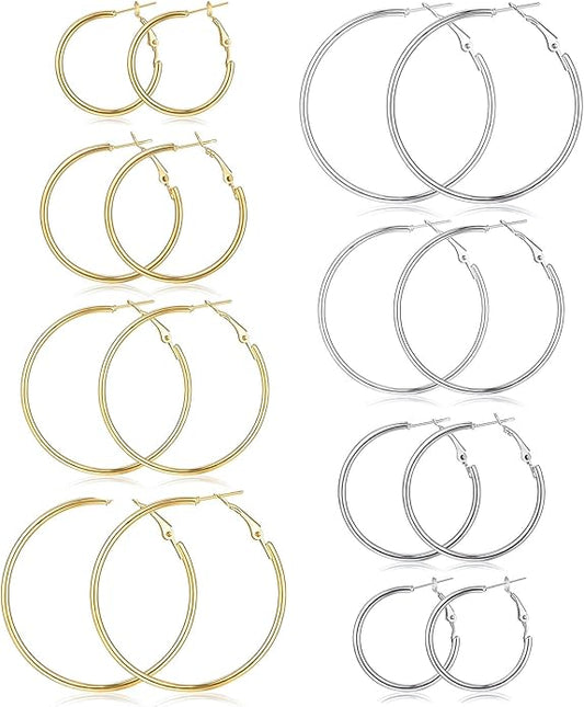 8 Pairs Gold Silver Hoop Earrings for Women, Hypoallergenic Stainless Steel Two Tone hoop earrings set, Lightweight Earrings Hoops for Women 4 Sizes (30/40/50/60mm)