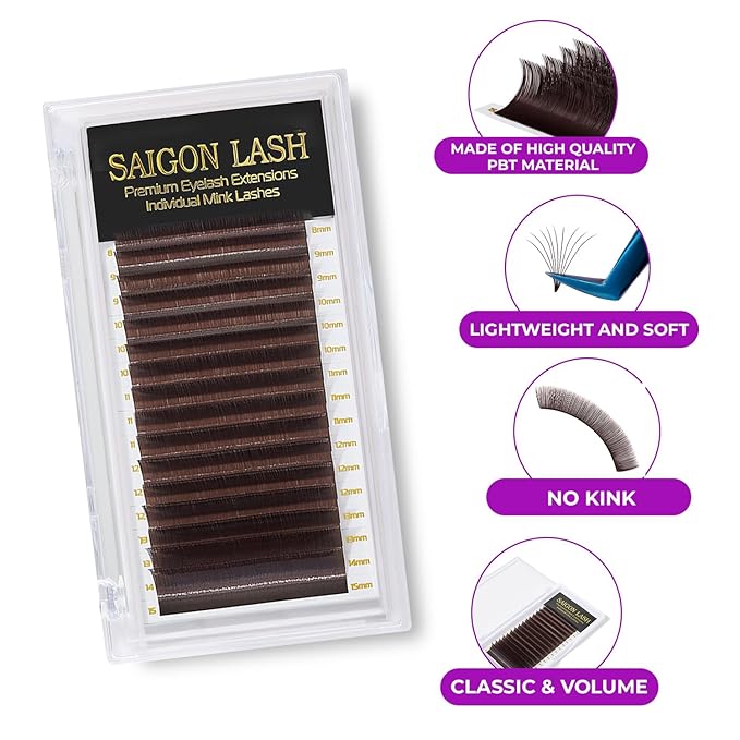SAIGON LASH Eyelash Extensions, Mink Lash, Volume & Classic Lashes for Professionals, J/B/C/CC/D/L/M Curl, 4-15mm Length, Soft Korean PBT Fiber, 16 Rows Lash Tray (Dark chocolate-C-0.05-8-15mm)