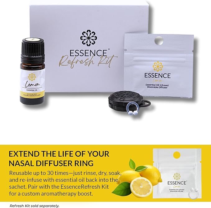 Essence Wearable Aromatherapy Nasal Diffuser – Lemon Essential Oil Nose Ring Silicone Inhaler for Stress & Mood Support - Made in USA & Travel-Friendly (3 Pack)