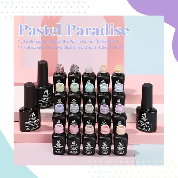 Beetles Pink Gel Nail Polish Set, 20 Color Macaron Colors Bright Pink Green Pastel Nail Polish Kit with Base Gel Glossy & Matte Top Coat Soak off Uv Nail Art Valentines Gifts for Women