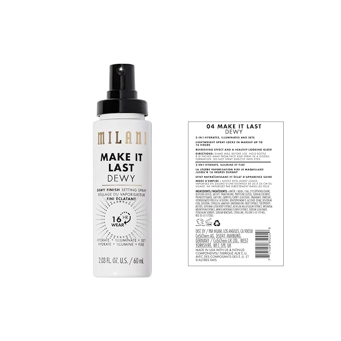 Milani Setting Spray + Primer, Make It Last Dewy - Dewy Finish Moisturizing Formula for Glow on the Go, Setting Spray for Makeup and Face Primer, Prime + Set + Hydrate, 2.03 Fl. Oz