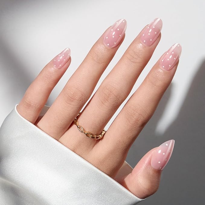 Modelones Pink Valentine Press on Nails Almond, Polka Dot Short Fake Nails, Reusable Nail Kit with Nail Glue Adhesive Tabs Mini Nail File, Nails Press Ons 32Pcs 16size, Women Girl Gift ﻿