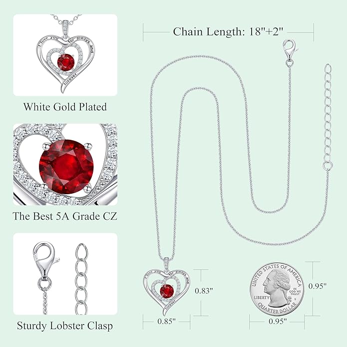 S925 Sterling Silver Necklace for Women, Valentines Day Gifts for Her, Love Heart Birthstone Necklaces for Women, Wife Jewelry, Mom Birthday Valentines Mothers Day Gifts, Girlfriend Necklaces, Daughter Heart Jewel, Anniversary for Her