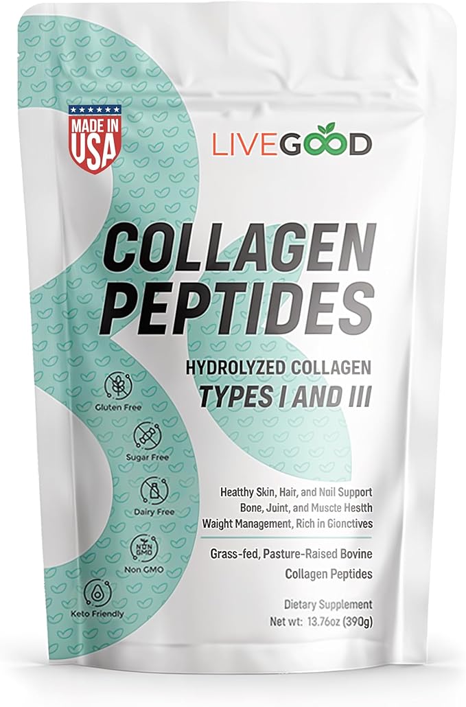 LIVEGOOD Collagen Peptides Powder, Hydrolyzed Type I and III Collagen for Hair Skin Nails and Joints, Unflavored Grass-Fed Collagen Supplement for Mobility and Recovery (30 Servings)